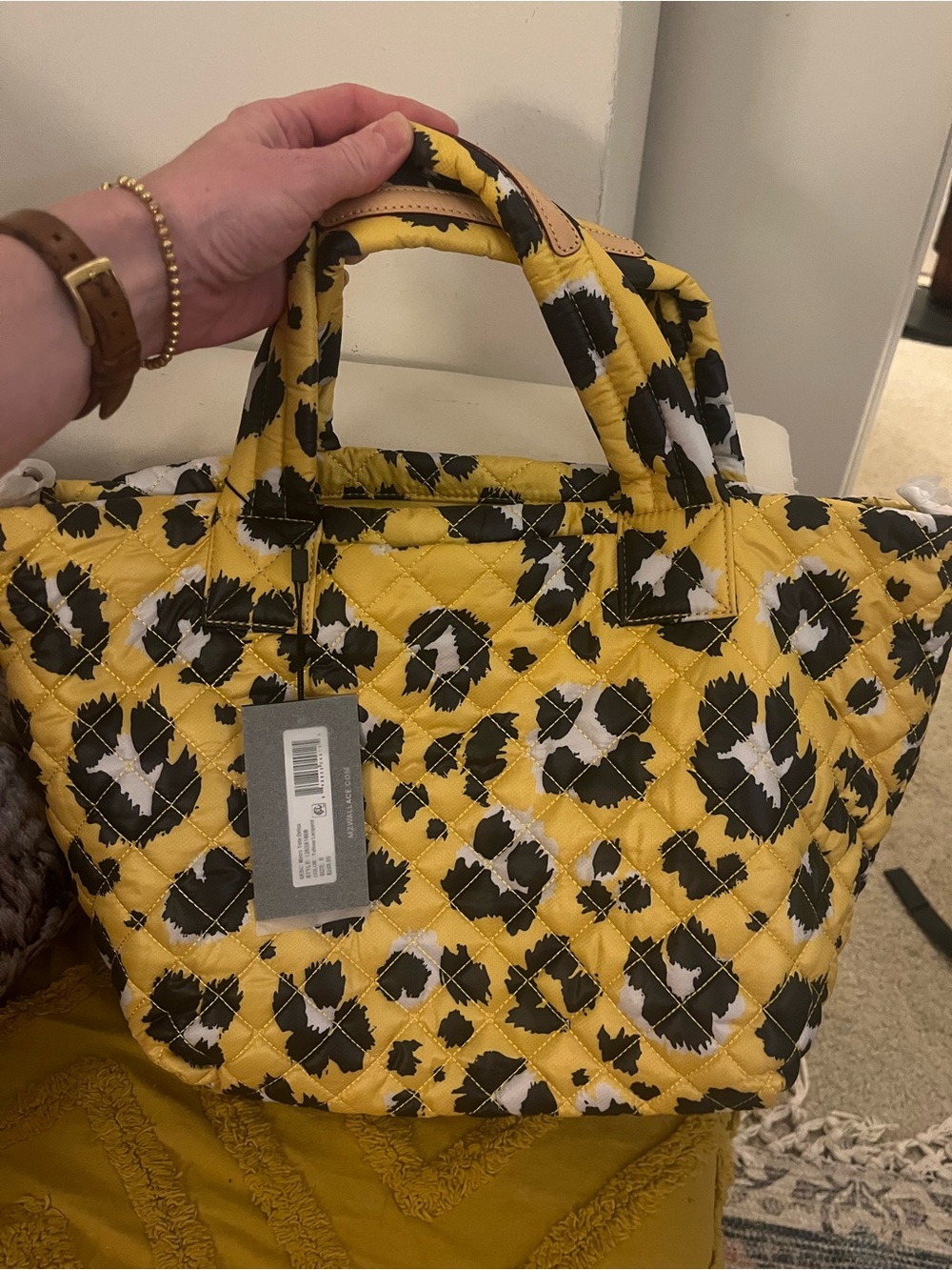 MZ Wallace Yellow Quilted Leopard-Print Tote Bag with Shoulder Strap - Picture 3 of 12